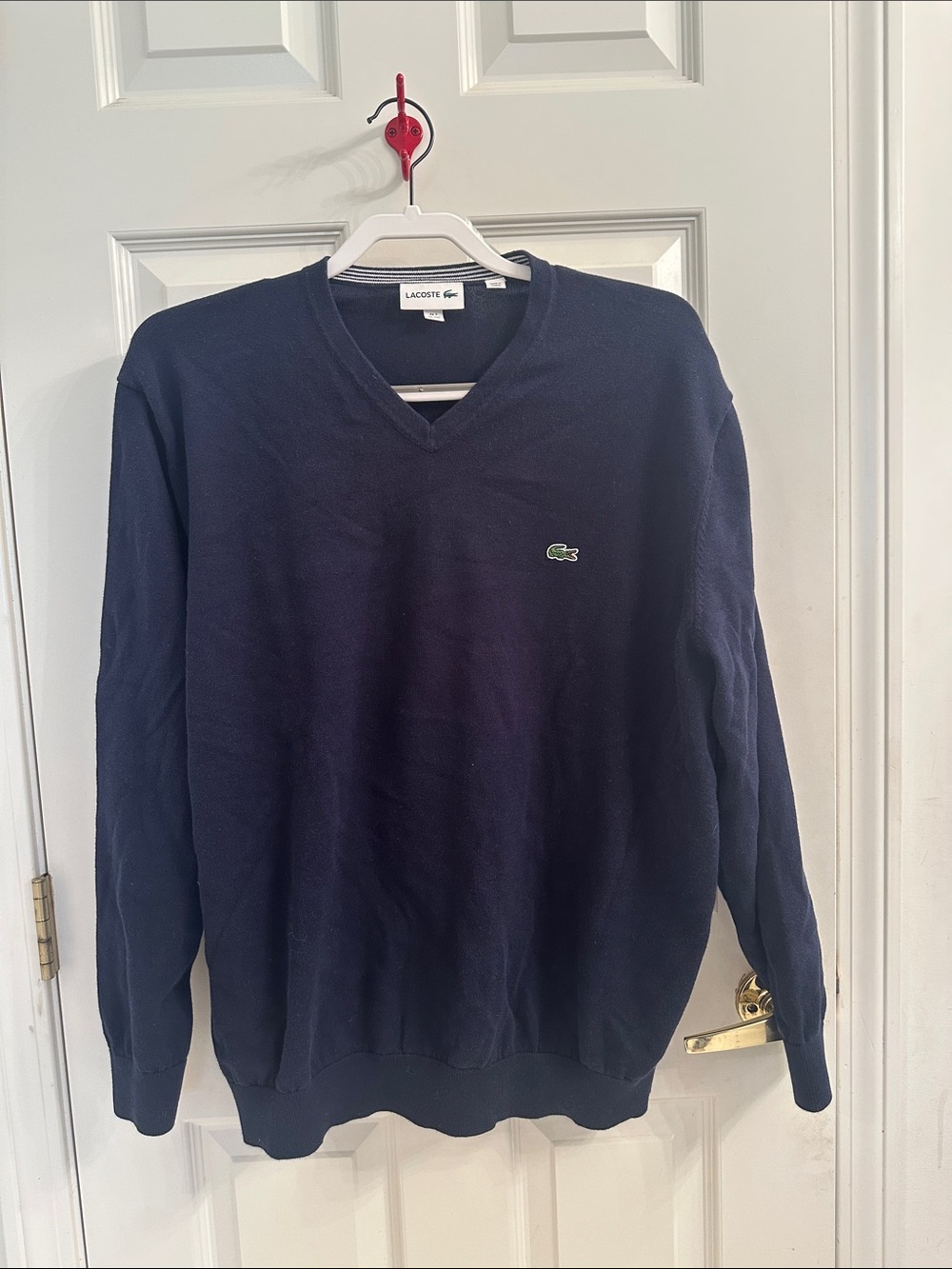 Lacoste Men’s Dark Blue V-Neck Cotton Sweater with Green Crocodile Logo